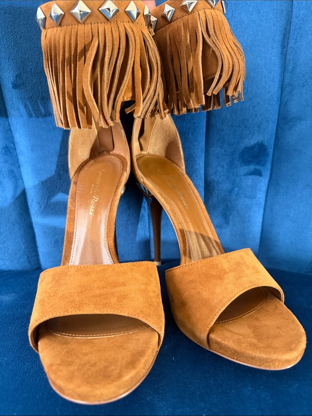 Gianvito Rossi Brown Fringe Ankle-Strap Suede Heels in Cognac